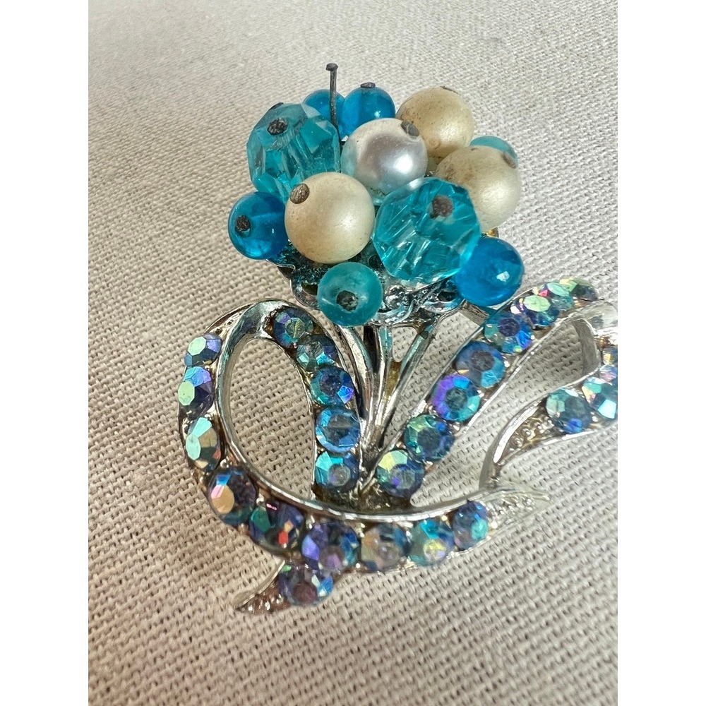 Vintage Blue Brooch Atomic Glam Cluster AB Rhinestones Mid Century Mermaidcore